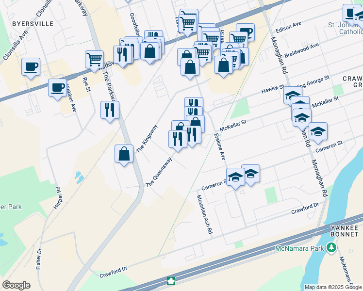 map of restaurants, bars, coffee shops, grocery stores, and more near 637 The Queensway in Peterborough