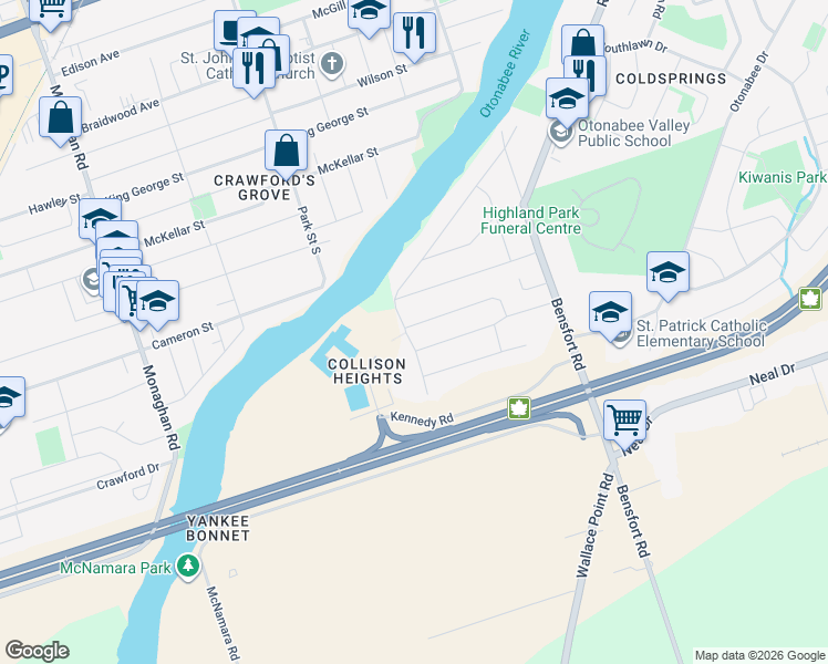 map of restaurants, bars, coffee shops, grocery stores, and more near 438 Southpark Drive in Peterborough