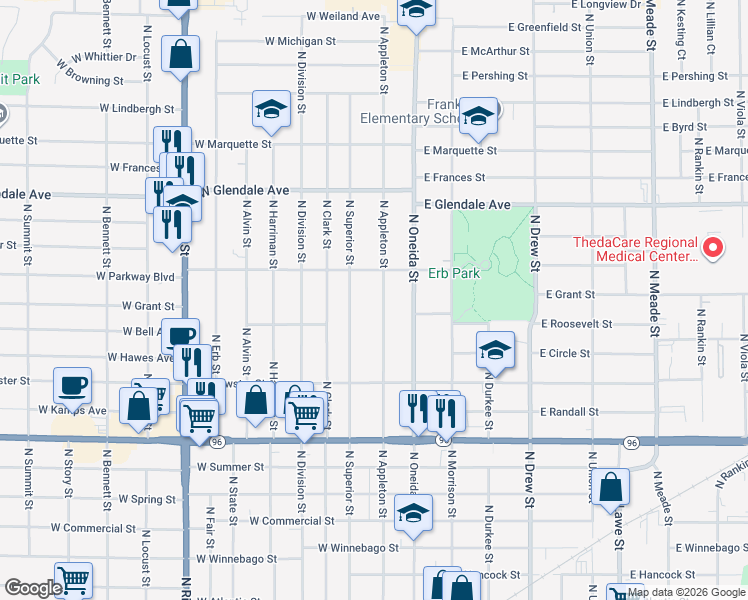 map of restaurants, bars, coffee shops, grocery stores, and more near 1710 North Appleton Street in Appleton