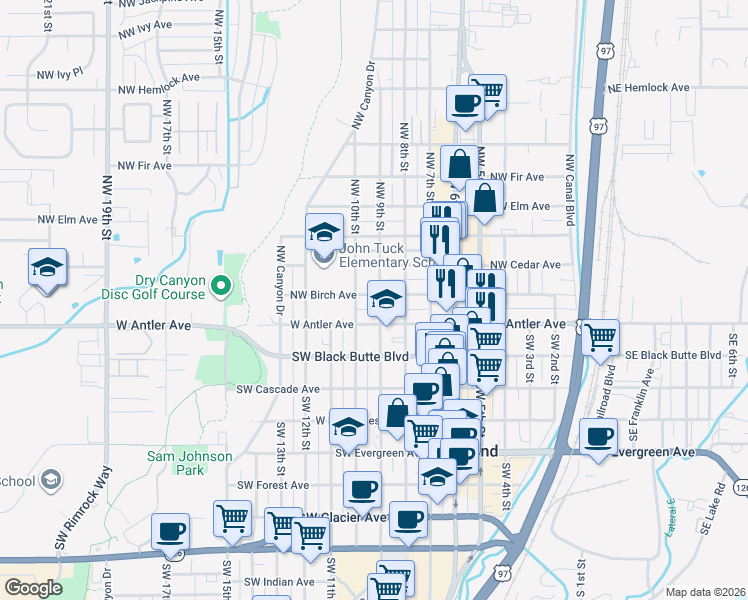 map of restaurants, bars, coffee shops, grocery stores, and more near 135 Northwest 9th Street in Redmond