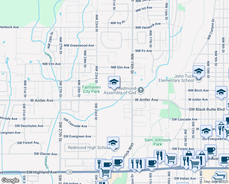 map of restaurants, bars, coffee shops, grocery stores, and more near 2105 West Antler Avenue in Redmond