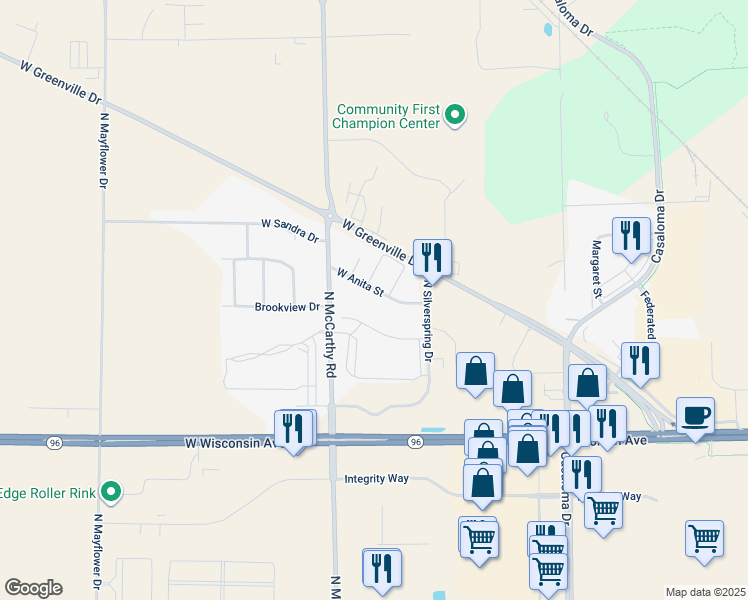 map of restaurants, bars, coffee shops, grocery stores, and more near 5139 West Anita Street in Appleton