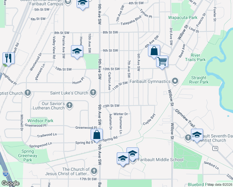 map of restaurants, bars, coffee shops, grocery stores, and more near 1138 8th Avenue Southwest in Faribault