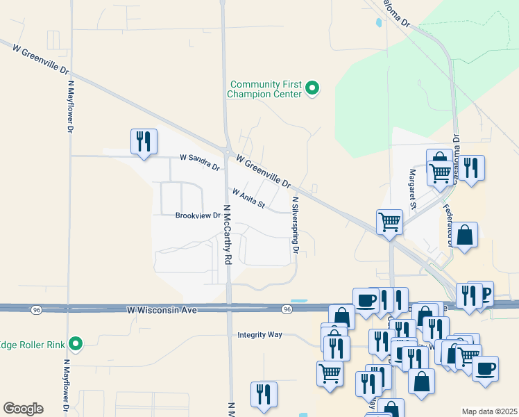 map of restaurants, bars, coffee shops, grocery stores, and more near 5139 West Anita Street in Appleton