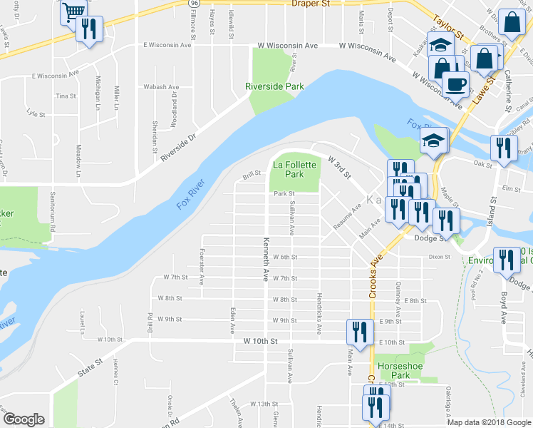 map of restaurants, bars, coffee shops, grocery stores, and more near 399 Kenneth Avenue in Kaukauna