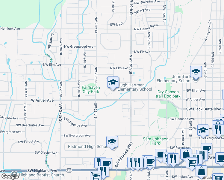 map of restaurants, bars, coffee shops, grocery stores, and more near 2105 West Antler Avenue in Redmond