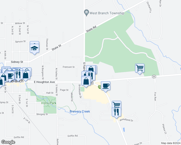 map of restaurants, bars, coffee shops, grocery stores, and more near West Branch Drive in West Branch