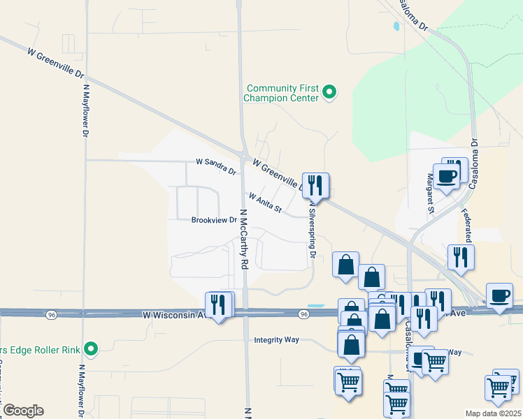 map of restaurants, bars, coffee shops, grocery stores, and more near 5225 West Anita Street in Appleton