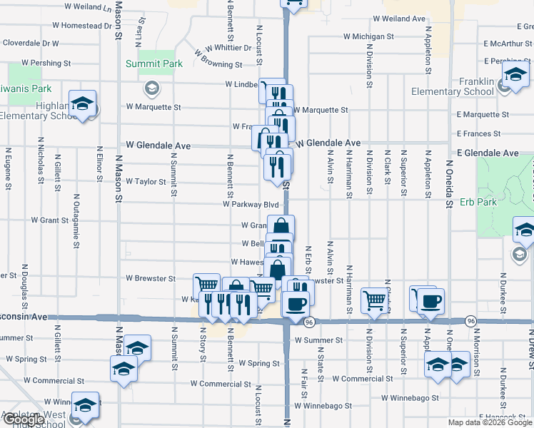 map of restaurants, bars, coffee shops, grocery stores, and more near 749 West Parkway Boulevard in Appleton
