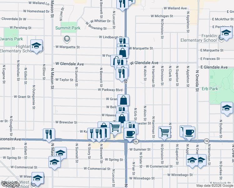 map of restaurants, bars, coffee shops, grocery stores, and more near 749 West Parkway Boulevard in Appleton