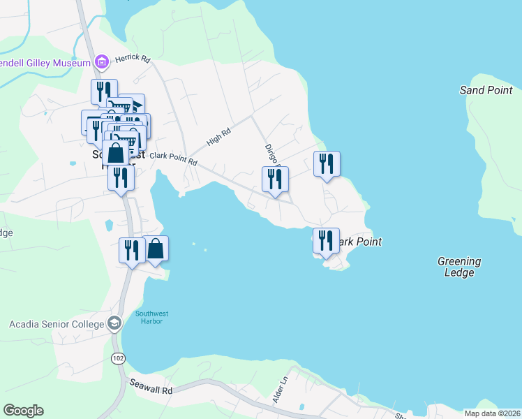 map of restaurants, bars, coffee shops, grocery stores, and more near 120 Clark Point Road in Southwest Harbor