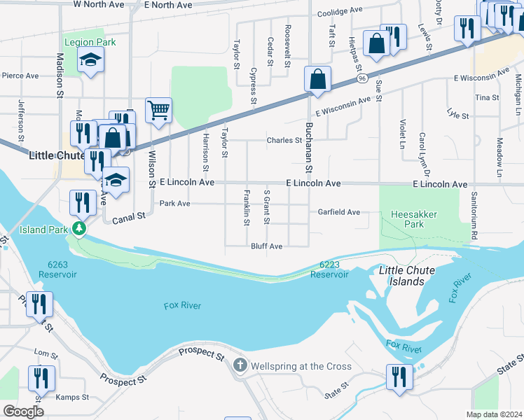 map of restaurants, bars, coffee shops, grocery stores, and more near 232 Franklin Street in Little Chute