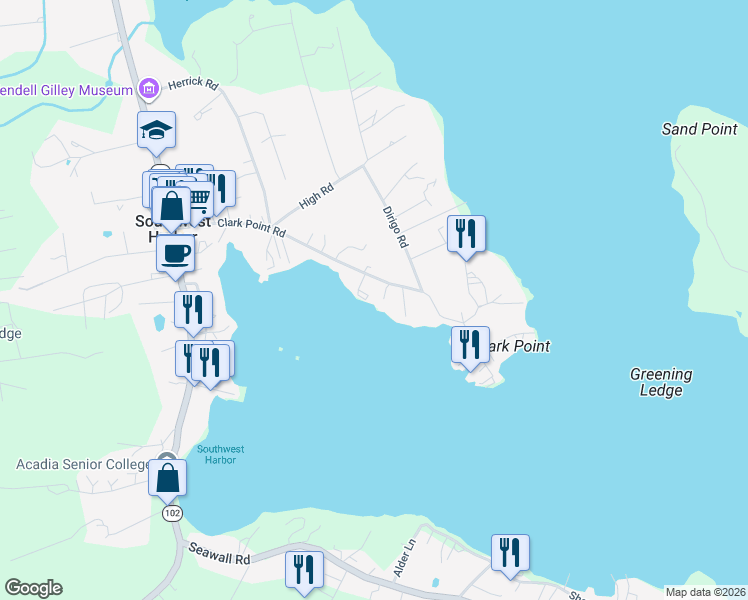 map of restaurants, bars, coffee shops, grocery stores, and more near 120 Clark Point Road in Southwest Harbor