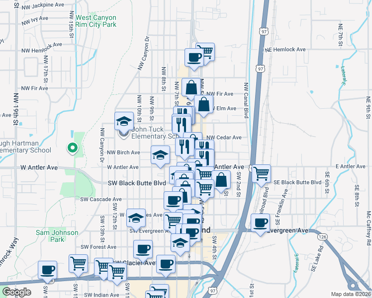 map of restaurants, bars, coffee shops, grocery stores, and more near 141 Northwest 6th Street in Redmond