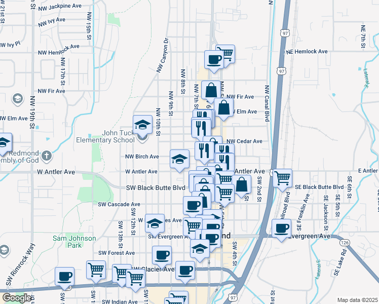 map of restaurants, bars, coffee shops, grocery stores, and more near 148 Northwest 8th Street in Redmond
