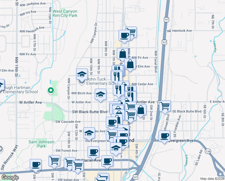 map of restaurants, bars, coffee shops, grocery stores, and more near 148 Northwest 8th Street in Redmond