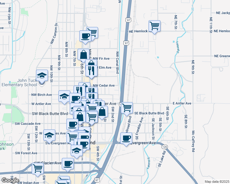 map of restaurants, bars, coffee shops, grocery stores, and more near 130 Northwest 2nd Street in Redmond