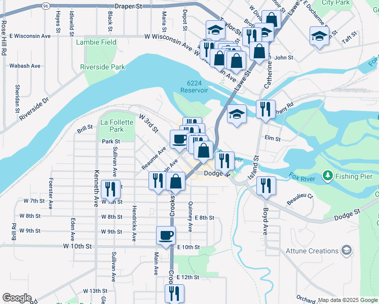 map of restaurants, bars, coffee shops, grocery stores, and more near 142 East 3rd Street in Kaukauna