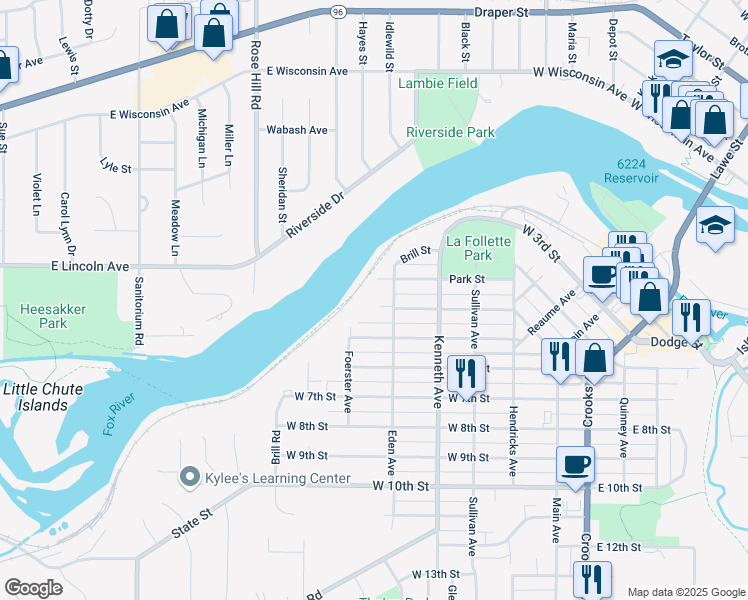 map of restaurants, bars, coffee shops, grocery stores, and more near 409 Eden Avenue in Kaukauna
