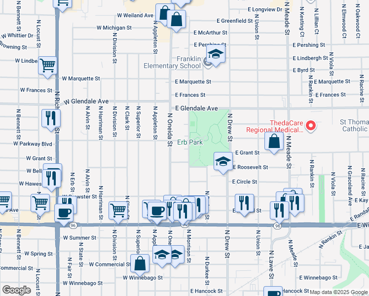 map of restaurants, bars, coffee shops, grocery stores, and more near 1743 North Morrison Street in Appleton