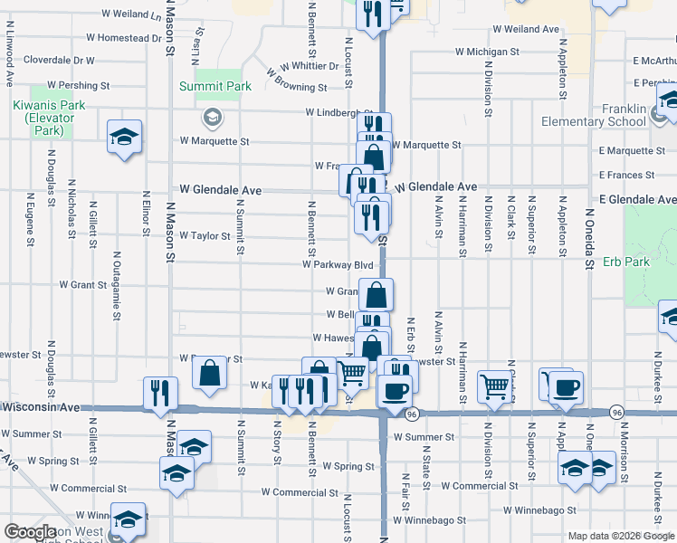 map of restaurants, bars, coffee shops, grocery stores, and more near 801 West Grant Street in Appleton