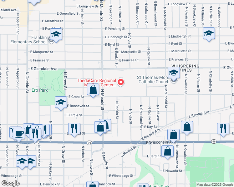 map of restaurants, bars, coffee shops, grocery stores, and more near 820 East Grant Street in Appleton