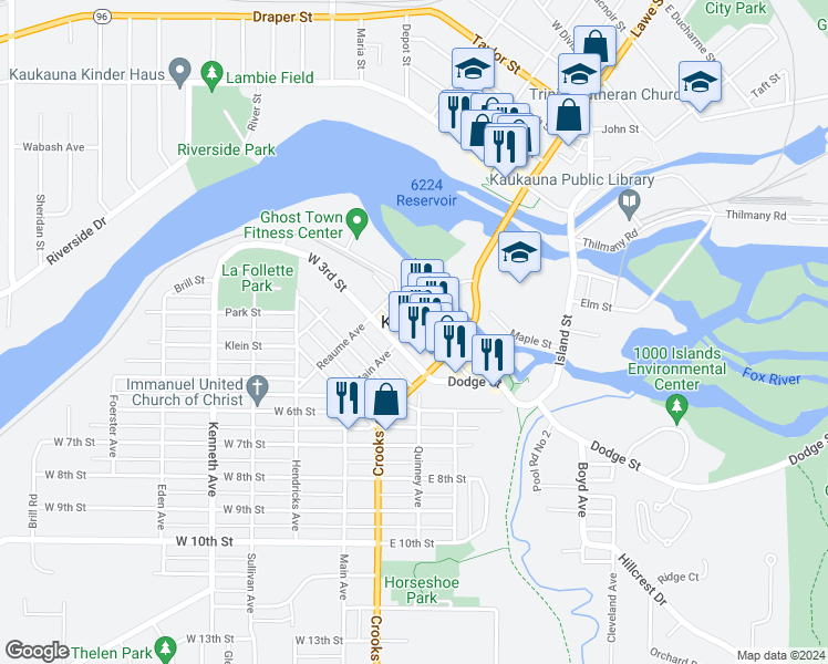 map of restaurants, bars, coffee shops, grocery stores, and more near 206 Main Avenue in Kaukauna