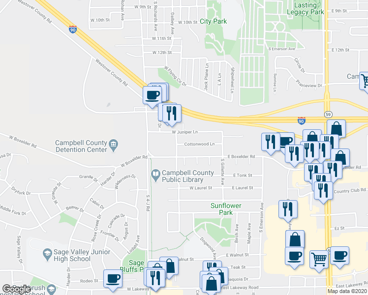 map of restaurants, bars, coffee shops, grocery stores, and more near 1701 Wagonhammer Lane in Gillette