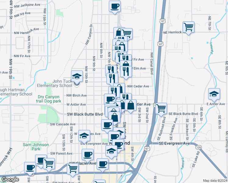 map of restaurants, bars, coffee shops, grocery stores, and more near 507 Northwest Cedar Avenue in Redmond