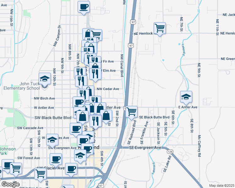 map of restaurants, bars, coffee shops, grocery stores, and more near 131 Northwest Cedar Avenue in Redmond