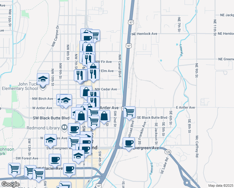 map of restaurants, bars, coffee shops, grocery stores, and more near 131 Northwest Cedar Avenue in Redmond
