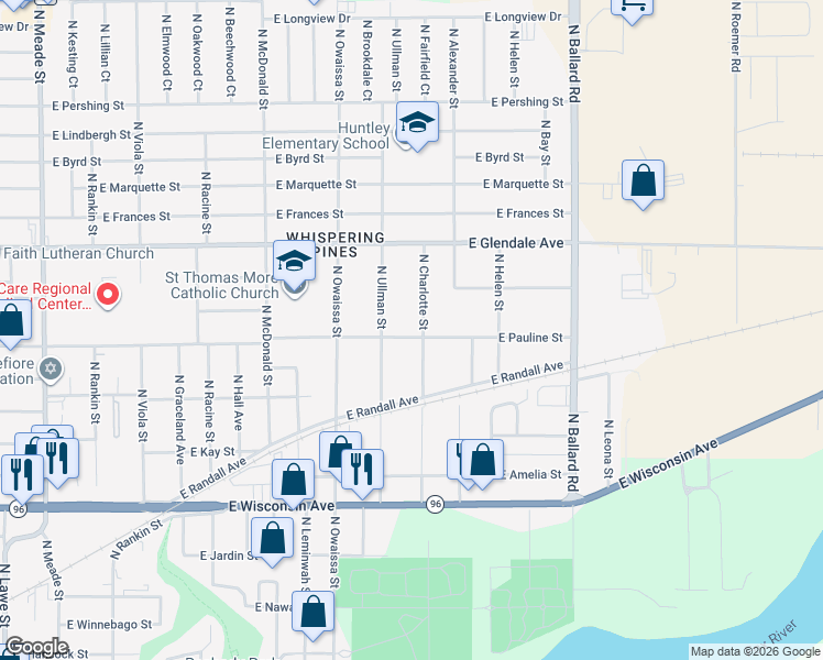 map of restaurants, bars, coffee shops, grocery stores, and more near 1807 North Charlotte Street in Appleton