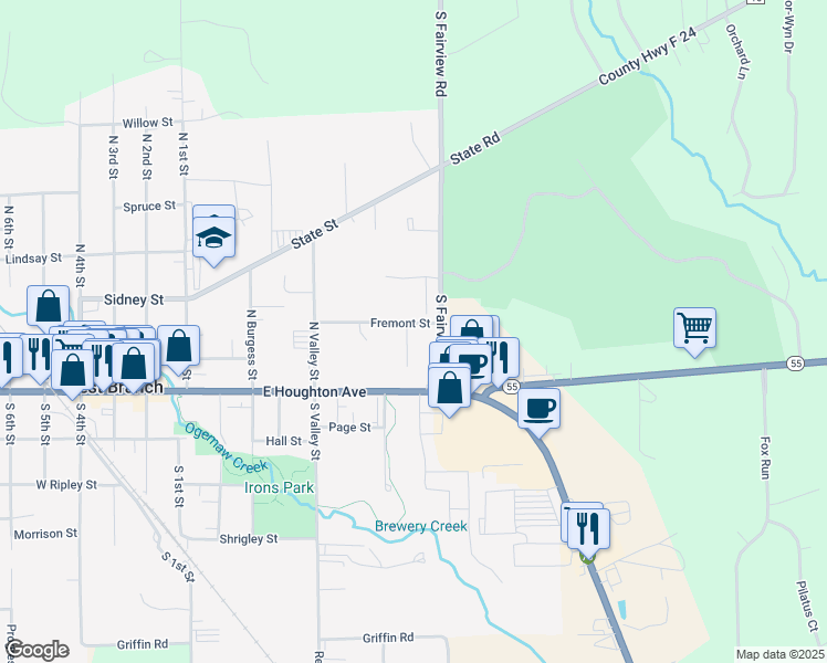 map of restaurants, bars, coffee shops, grocery stores, and more near 201-299 Windemere Place in West Branch