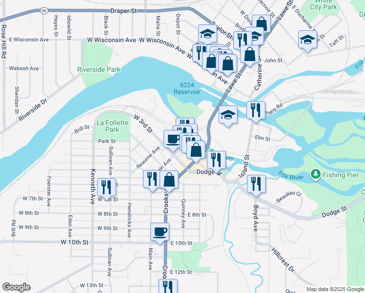 map of restaurants, bars, coffee shops, grocery stores, and more near in Kaukauna