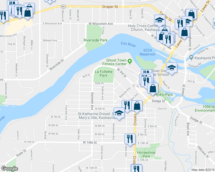 map of restaurants, bars, coffee shops, grocery stores, and more near 215 Park Street in Kaukauna