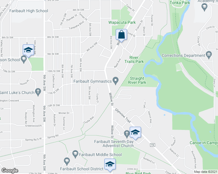 map of restaurants, bars, coffee shops, grocery stores, and more near 1069 Willow Street in Faribault