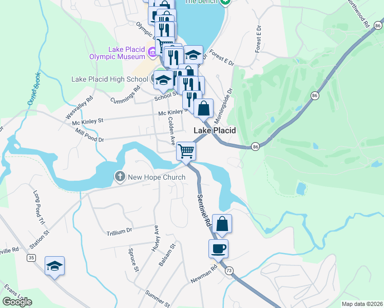 map of restaurants, bars, coffee shops, grocery stores, and more near 6162 Sentinel Road in Lake Placid