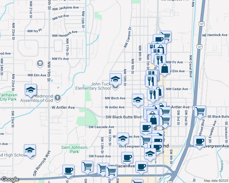 map of restaurants, bars, coffee shops, grocery stores, and more near 209 Northwest 10th Street in Redmond