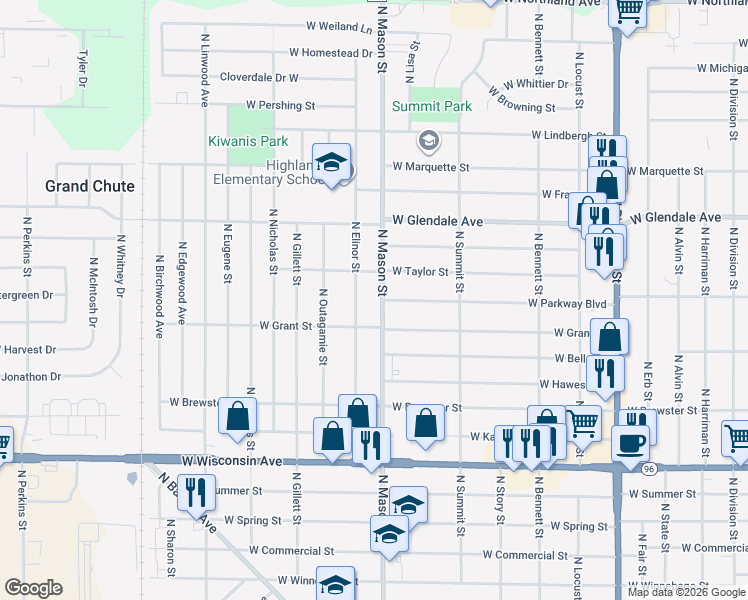 map of restaurants, bars, coffee shops, grocery stores, and more near 1754 North Elinor Street in Appleton