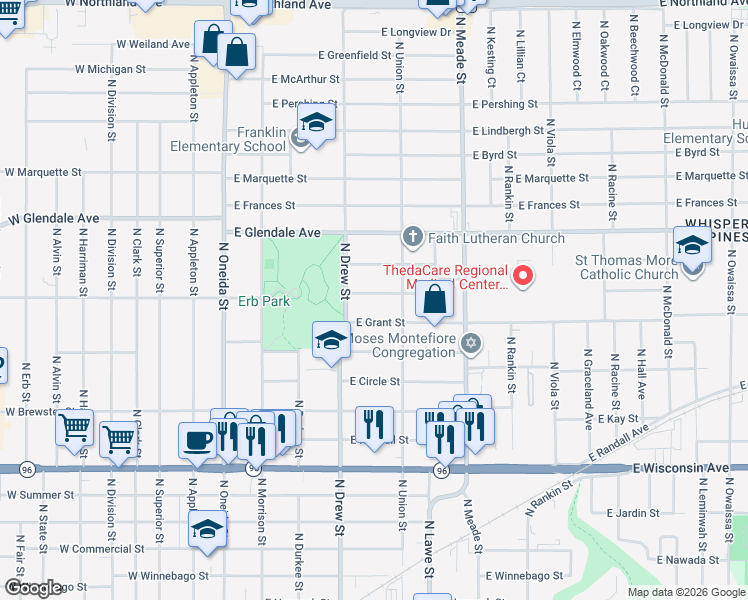map of restaurants, bars, coffee shops, grocery stores, and more near 500 East Parkway Boulevard in Appleton