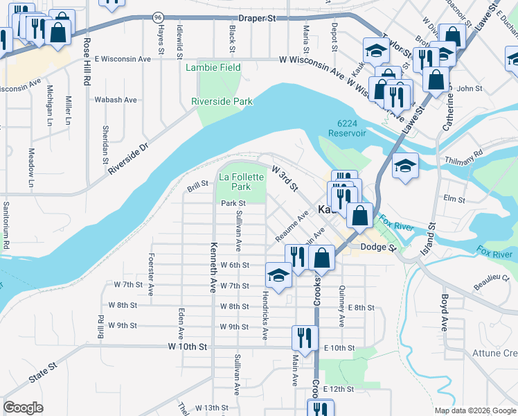 map of restaurants, bars, coffee shops, grocery stores, and more near 215 Park Street in Kaukauna