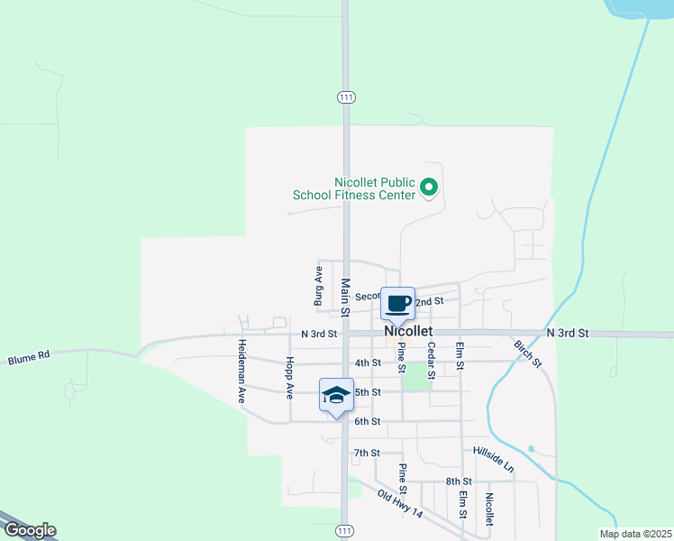 map of restaurants, bars, coffee shops, grocery stores, and more near 439 1st Street in Nicollet
