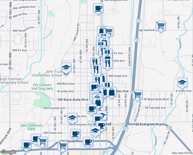map of restaurants, bars, coffee shops, grocery stores, and more near 507 Northwest Cedar Avenue in Redmond