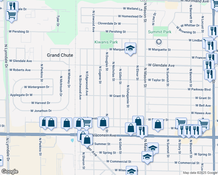 map of restaurants, bars, coffee shops, grocery stores, and more near 1813 North Nicholas Street in Appleton