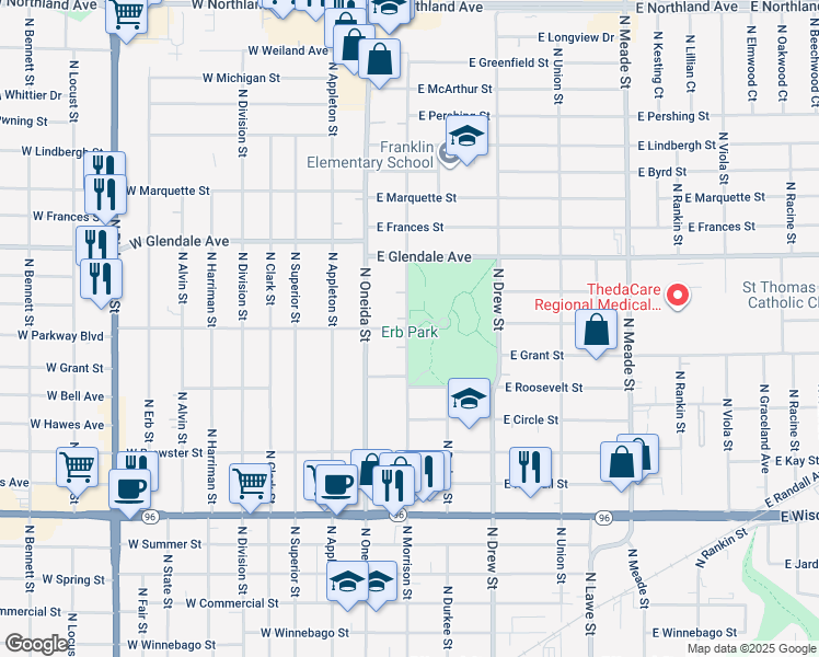 map of restaurants, bars, coffee shops, grocery stores, and more near 1800 North Morrison Street in Appleton