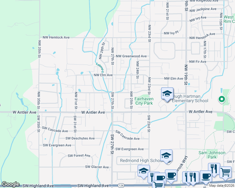 map of restaurants, bars, coffee shops, grocery stores, and more near 2661 Northwest Cedar Avenue in Redmond
