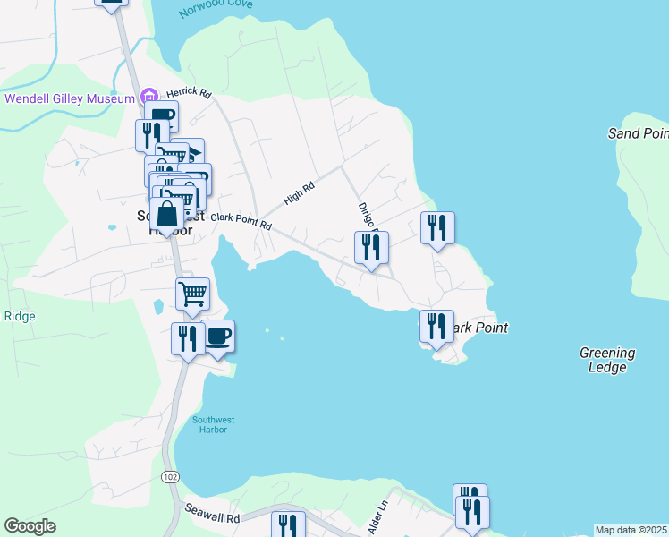 map of restaurants, bars, coffee shops, grocery stores, and more near 109 Clark Point Road in Southwest Harbor