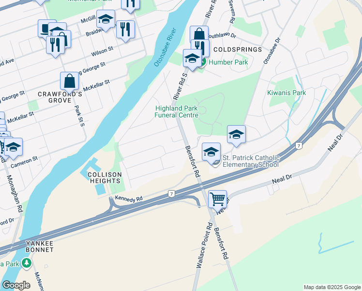 map of restaurants, bars, coffee shops, grocery stores, and more near 2449 Bensfort Road in Peterborough