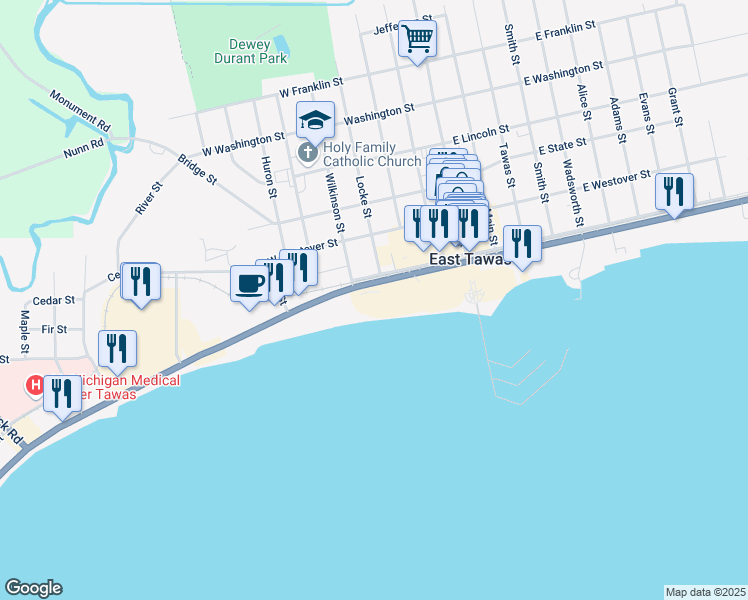map of restaurants, bars, coffee shops, grocery stores, and more near 407 West Bay Street in East Tawas