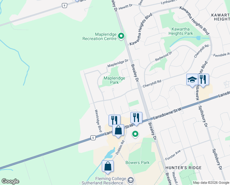 map of restaurants, bars, coffee shops, grocery stores, and more near 1850 Cherryhill Road in Peterborough